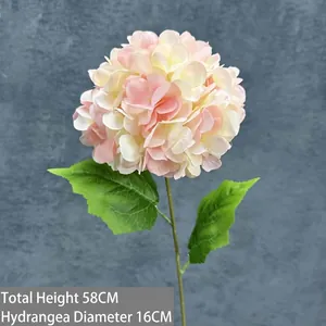 Pink and cream artificial hydrangea flower with leaves, 58cm height and 16cm diameter
