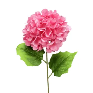 Artificial pink hydrangea flower with full blossom head and realistic green leaves
