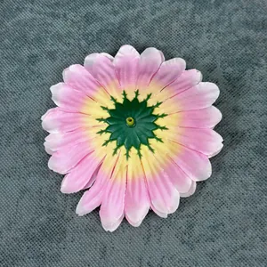 Pink and yellow silk daisy flower head with green base for DIY crafts and decor