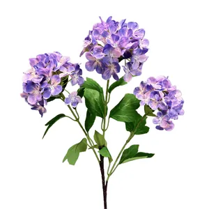 Single stem artificial snowball hydrangea with three purple gradient flower heads for home decor