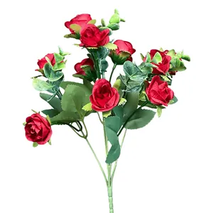 Artificial 10-head red rose bouquet with green foliage for wedding and home decoration