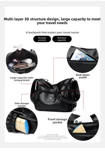 Detailed view of the multi-compartment interior and large capacity of this black leather bag