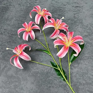 Five-head artificial pink lily bouquet with realistic petals on grey textured background