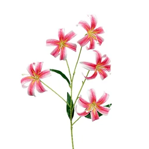 Single stem 5-head pink artificial lilies with green leaves for home wedding decor