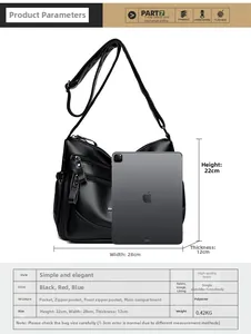 Detailed view of black leather handbag with size chart and iPad for scale