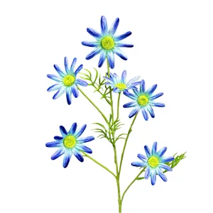 Artificial blue daisies with six flower heads and green leaves for home wedding decor
