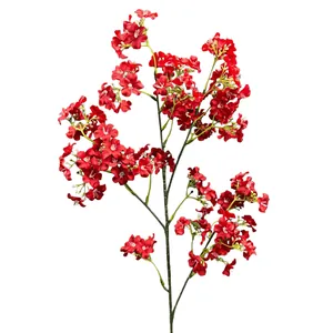 Single branch of red artificial cherry blossoms with vibrant petals and green stems
