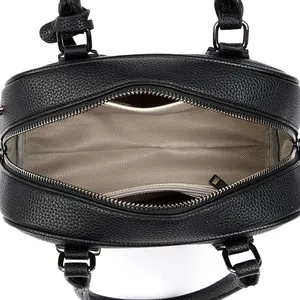 Litchi pattern leather Boston bag with spacious interior and silver zipper closure