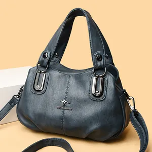 Genuine leather shoulder bag for women with kangaroo logo and large capacity in blue