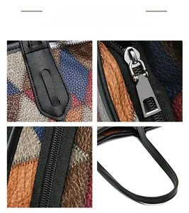 Detail of geometric patchwork tote bag with textured leather panels and metal zipper