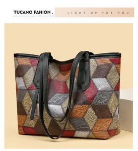 Detail shot of the geometric patchwork pattern and leather texture on a tote bag