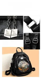 Detailed macro view of litchi texture leather, silver hardware, and kangaroo logo zippers