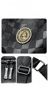 Gros plan sur la texture en cuir damier noir avec garnitures métalliques et zips gravés
