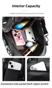 Vue détaillée de l'intérieur multi-compartiment et des poches du sac à dos à damier