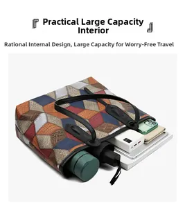 Detailed view of the large capacity interior of a geometric patterned tote bag