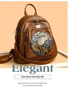 Close-up of the vintage brown leather backpack featuring an elegant elephant relief detail