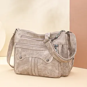 Vintage Umhängetasche Aus Gewaschenem PU-Leder Für Damen Große Kapazität Mehrlagige Reißverschluss Schultertasche Casual Retro Messenger Bag
