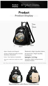 Detailed size specifications and interior capacity guide for the black embossed backpack