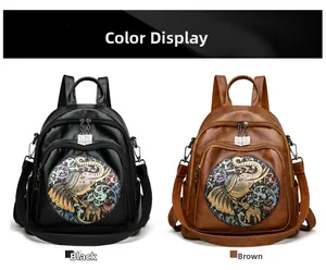 Detail view of stylish leather backpack featuring embossed elephant patterns in black and tan