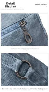 Detail of smooth gunmetal zippers and D-ring buckle on vintage denim crossbody bag