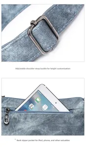 Detail of adjustable silver buckle and rear zipper pocket on blue denim shoulder bag