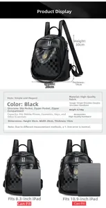 Tableau des tailles et capacité du sac à dos noir à damier pour iPad de 10,9 pouces