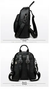 Detail view of the black leather backpack showing front-side and back view with silver hardware