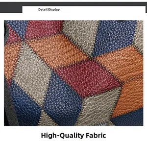 Macro shot of high-quality lychee texture leather with multi-color patchwork and stitching