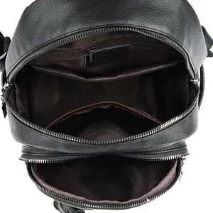 Women's black faux leather backpack featuring multiple compartments and durable zippers