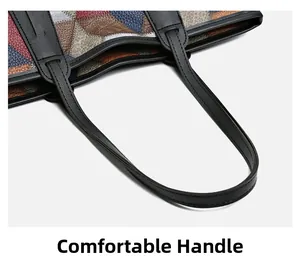Close-up of comfortable leather handles and multi-color patchwork on a tote bag