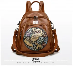 Close-up of embossed elephant and floral pattern on the yellow faux leather backpack