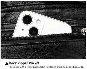 Detail view of the back zipper pocket on the black leather backpack showing storage space