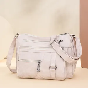 Chic beige multi-layer soft leather shoulder bag for women with multiple zipper pockets