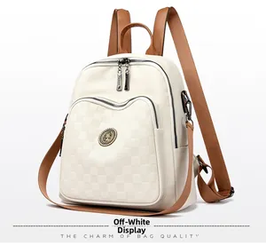 Détail du sac à dos beige à motif damier en similicuir avec bretelles marron