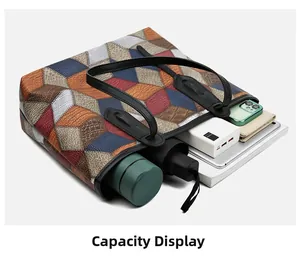 Detail view of large capacity tote bag holding tablet, umbrella and phone for storage display