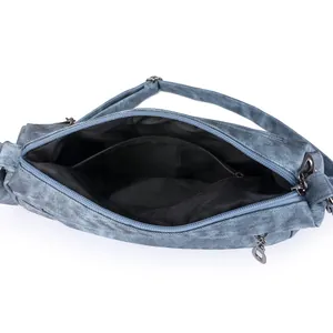 Blue denim multi-layer crossbody bag featuring high capacity and vintage washed texture