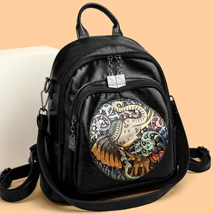 Women Fashion Composite Cowhide Leather Elephant Relief Backpack Multi Pocket Waterproof Embossed Travel Casual Bag