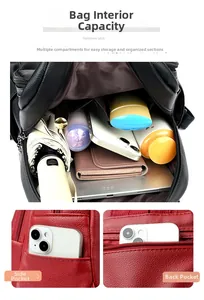 Detail of soft leather backpack showing large capacity main compartment and anti-theft pocket