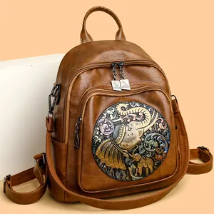 Brown vintage faux leather backpack featuring a 3D elephant embossed pattern for women