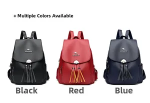 Close-up of leather texture and decorative tassel on stylish kangaroo logo backpacks