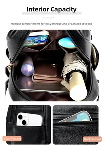 Macro view of leather backpack interior compartments showing large storage capacity