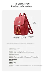 Detail view of a red leather backpack showing 27x13x32cm dimensions and features
