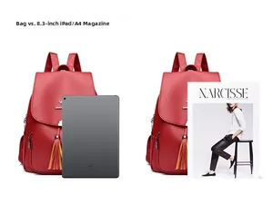 Red pebbled leather backpack size comparison with iPad and A4 magazine layout