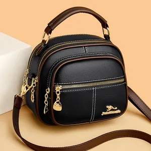 Fashion Litchi Grain Composite Cowhide Shoulder Bag Kangaroo Logo Crossbody Bag With Multiple Zipper Pockets Contrast Stitching Top Handle Handbag Gold Hardware For Women