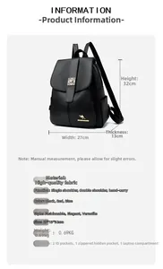 Detailed chart showing 27x13x32cm dimensions and interior structure of black leather backpack