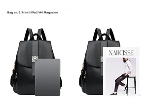 Black leather backpack capacity view with A4 magazine and 8.3 inch iPad comparison