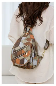 Detail of color-block geometric pattern and gold hardware on PU leather chest bag