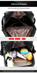 Detailed view of the multi-pocket interior storage for women's black leather backpack