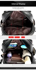 Internal layout of black faux leather backpack with compartments for laptop and phone