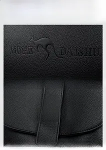 Detail of black lychee leather texture and golden metal twist lock on a backpack